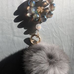 Gray Pom Pom Keychain with Beaded Loop
